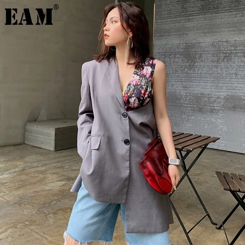 

[EAM] 2019 New Autumn Winter Lapel Long Sleeve Print Pattern Irregular Personality Loose Jacket Women Coat Fashion Tide JX760