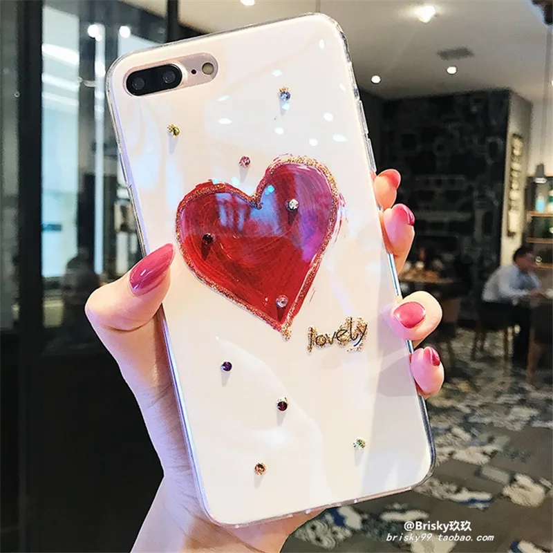 

With Diamond Epoxy Case For iPhone 6 6s 7 8 Soft TPU Love Heart Pattern Cover For iPhone X XS XR XMAX Beautiful Capa For Girls