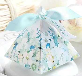 

50pcs Sky Blue Wedding Favors Flower Candy Boxes + bowknot sweet love cards Beautiful Triangular Gift chocolate Box