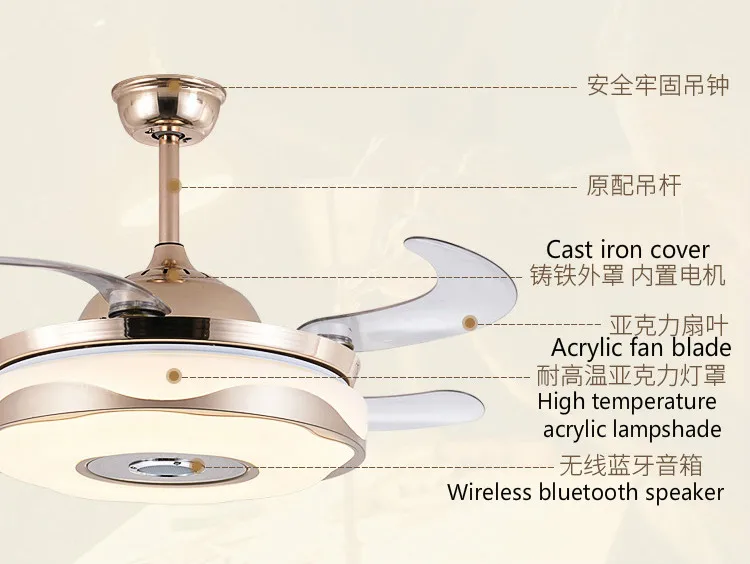 220 В 36 Вт 42 дюйма 107 см преобразования частоты Bluetooth Музыка электрический потолочный вентилятор LEDlight двигатель Чистая медь синхронизации дистанционное управление