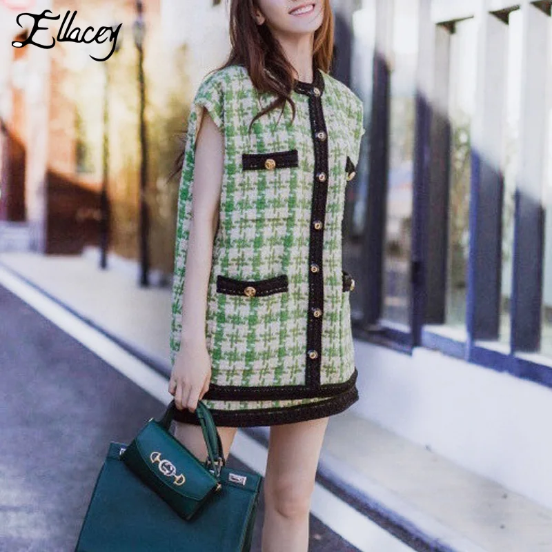 

Ellacey Houndstooth Checker Pattern Two Pieces Skirt Suit For Women 2 Pieces Set Lady Vintage Plaid Cardigan Vest Skirt Suit
