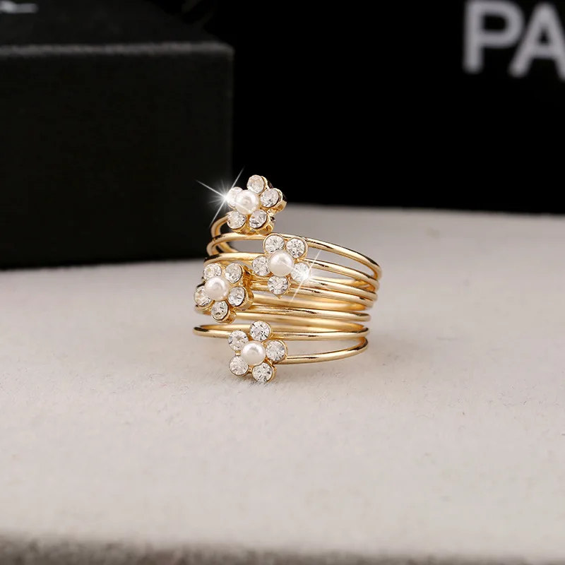 Women Flowers Pearl Layers Ring with Rhinestone Spiral Finger Evening Party Fashion Jewelry Cocktail | Украшения и аксессуары
