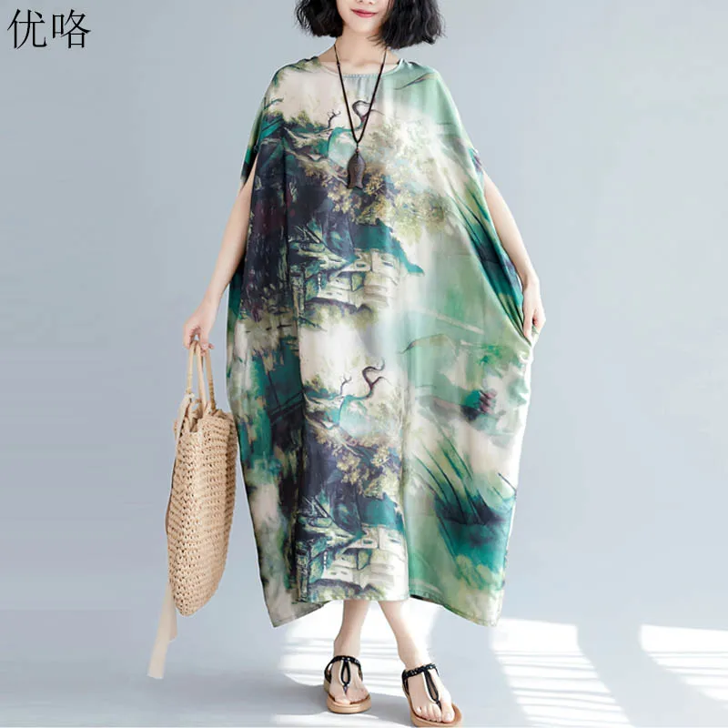 

Plus Size Silk Dress Women Art Ethnic Print Vintage Summer Sundress Big Size Female Vestido Batwing Loose Maxi Dresses 6XL 7XL