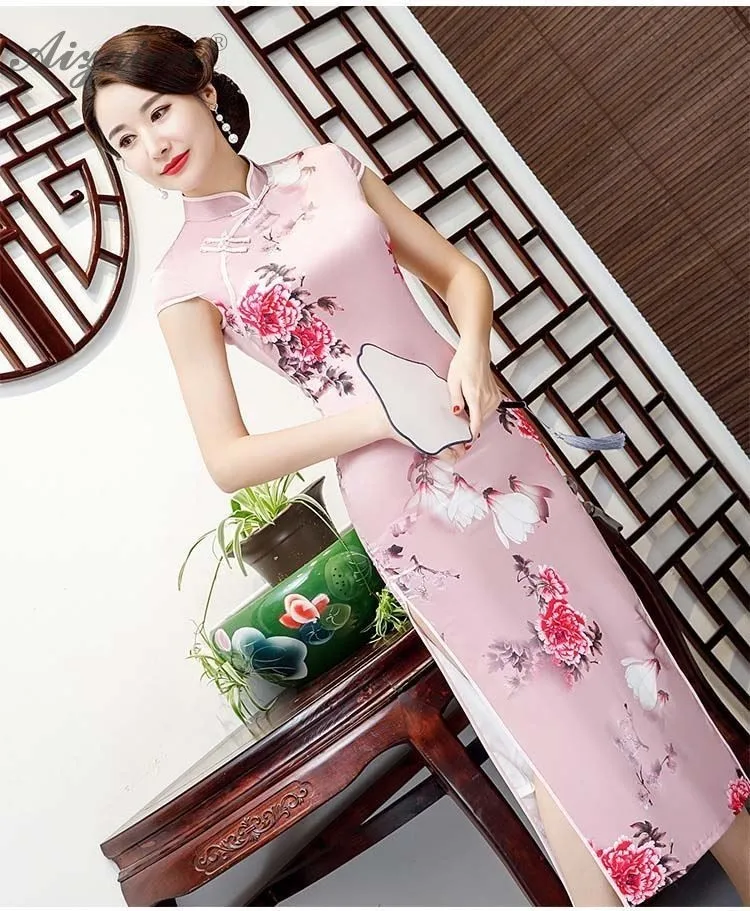 Модный розовый женский Ципао с коротким рукавом современный тонкий длинный Qi Pao женское китайское традиционное платье Qipao Восточный стиль халат