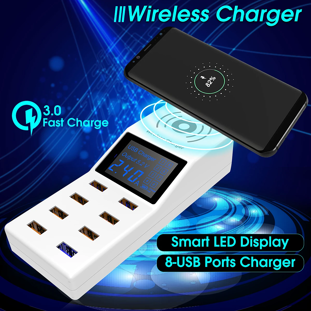 

Wireless Charger 8 USB Charger 8 Ports Hubs QC3.0 Fast Charging with Digital Display USB Charger for Smartphone for iPhone X 8