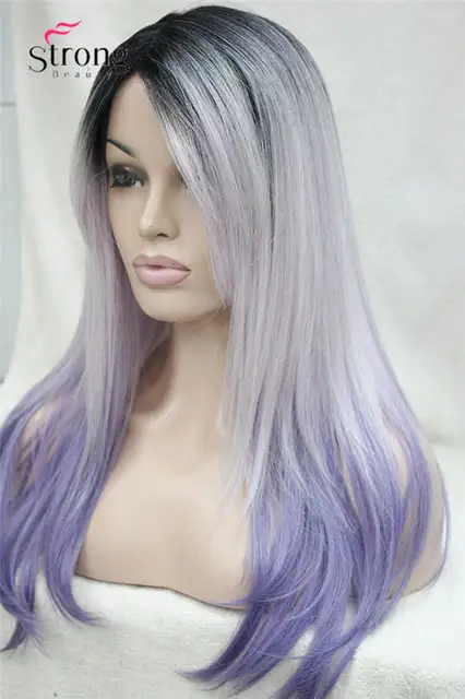 Long Straight Ombre Wig Purple Silver With Dark Roots Skin Top Wig