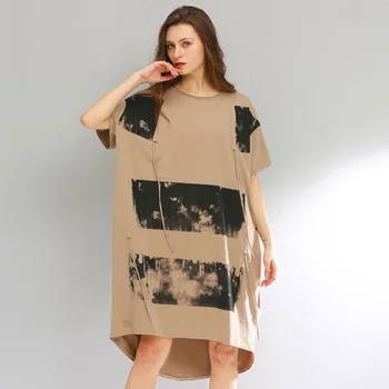 

Summer Long T shirt Women cotton T-shirt stripe printed tassels Big Size asymmetrical tee dress midi dress de festa street wear
