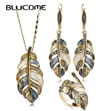 Blucome Abalone Shell Jewelry Sets For Women Mix Color Shell Rhinestone Vintage Flower Leaves Dangle Earring Necklace Ring Set