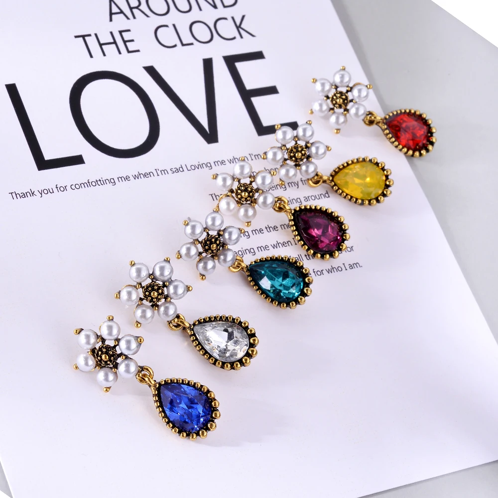 

Lubov Colorful Water Drop Crystal Pendant Antique Golden Metal Dangle Earrings Imitation Pearl Flower Drop Earrings for Women