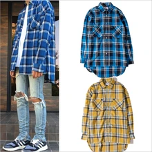 2016 New High Street Fog Extened Fancy Mens Dress Shirts Hawaiian Shirt Justin Bieber Men Clothes Tartan Clothing Yellow Plaid