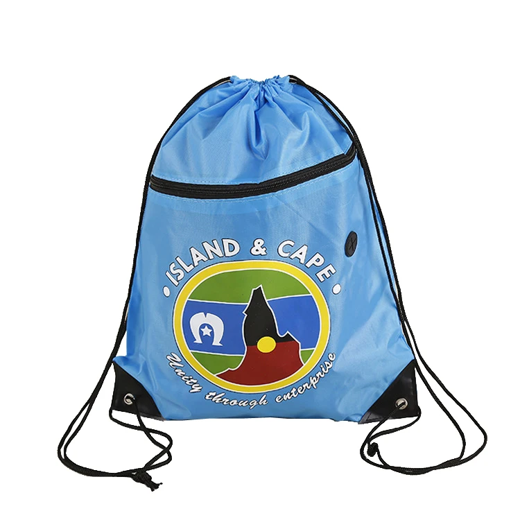 Hot sell polyester drawstring backpack bags with front zipper pocket and headphone hole