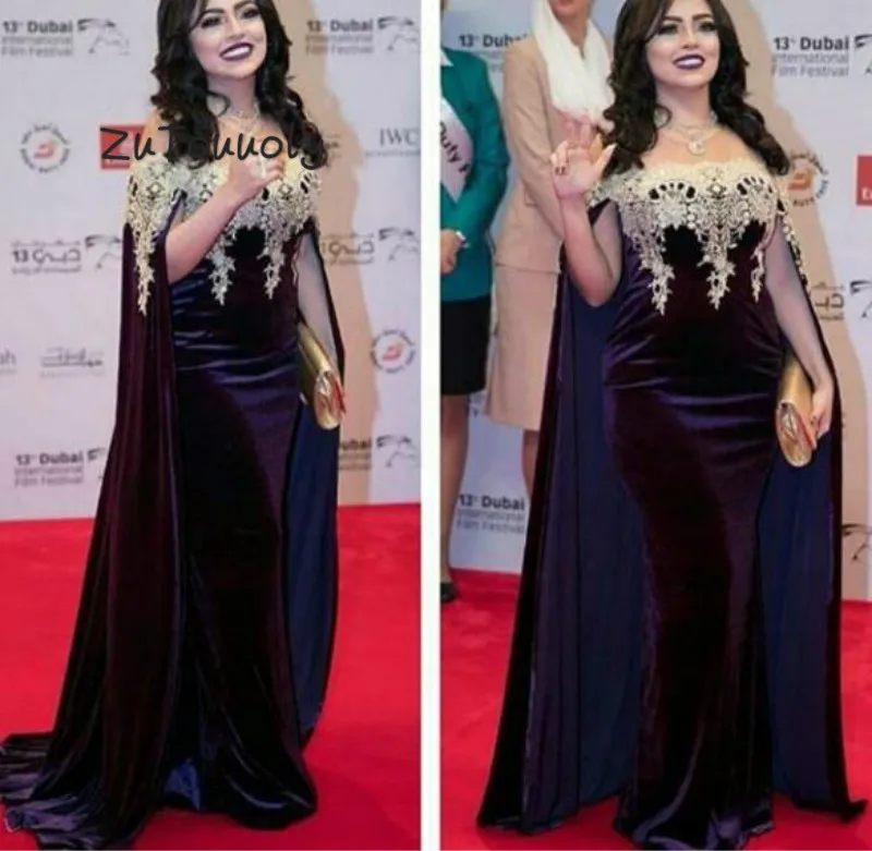 

Dubai Arabic Plus Size Evening Dress With Caped Off The Shoulders Arabic Applique Lace Prom Dress Red Carpet Celebrity Gown 2019