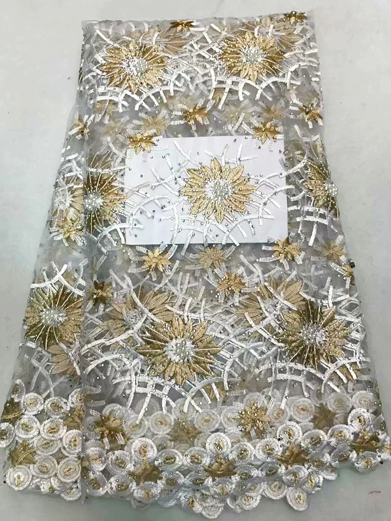 

Wholesale Embroidery Guipure Cord Lace Fabric High Quality White+Gold African Lace Fabrics 2018 Latest Nigerian Lace Fabrics
