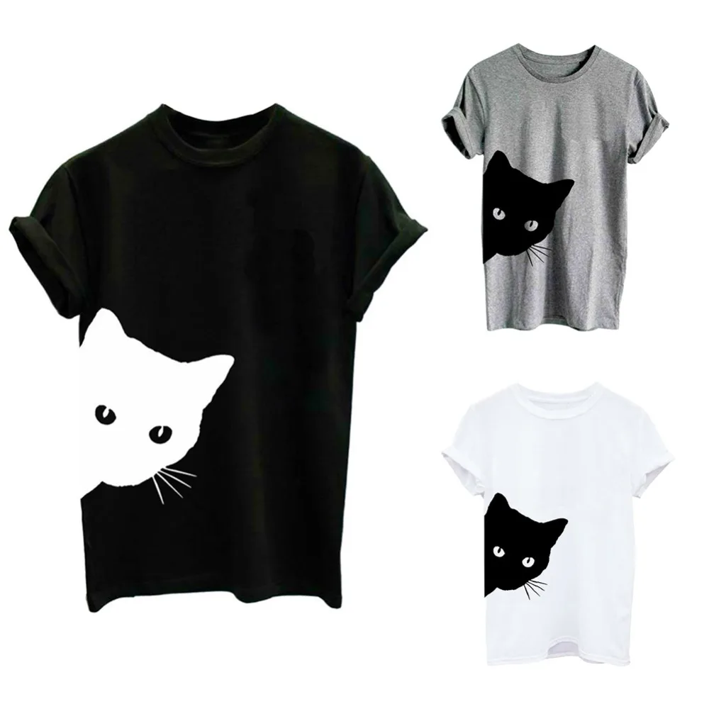 Cat Looking Out Side Printing Plus Size Women T shirt Cotton Casual