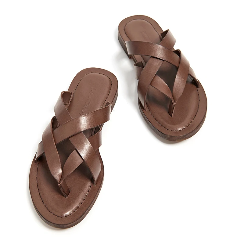 Frauen Kalbsleder Qualität Handgemachte Weichen Hausschuhe Beautoday Flip Stil Leder Sommer Echtes brownish yellow Gladiator dark Black Flopstop coffee 36049 C8fqP4Pw