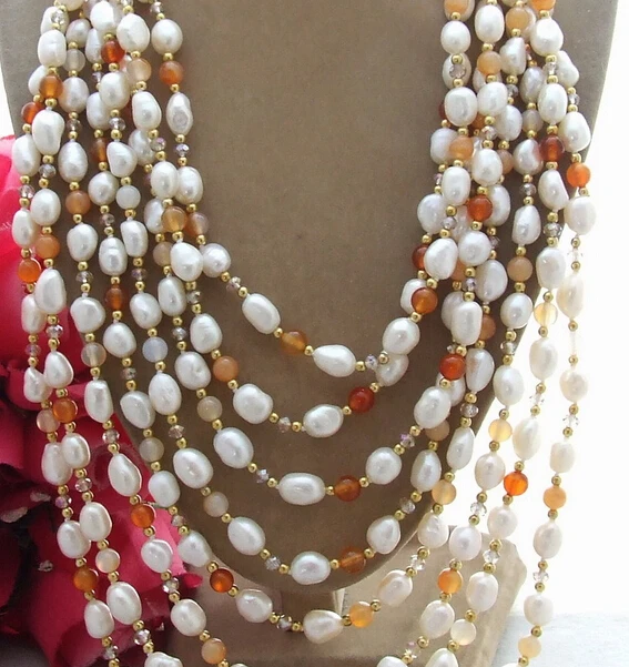 

huij 002001 8Strds Pearl&Carnelian&Crystal Chain Necklace