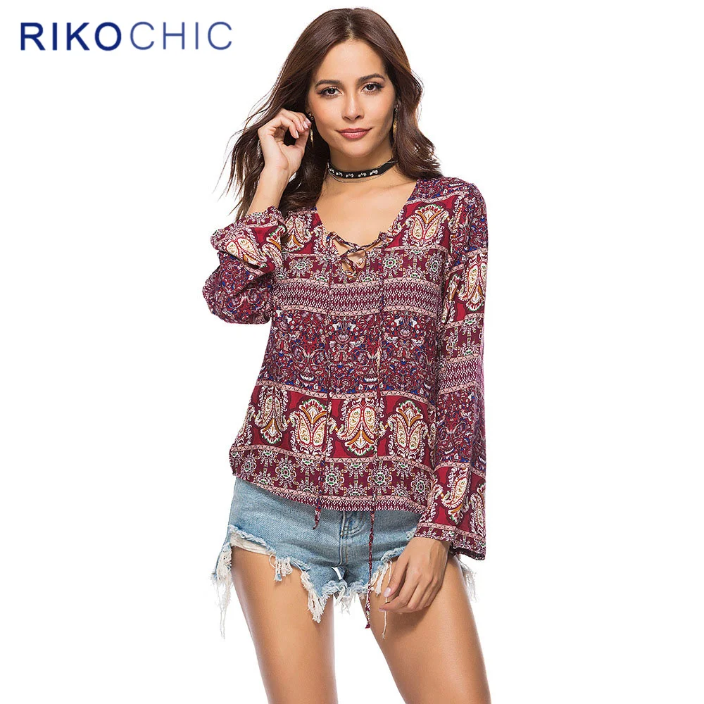 RIKOCHIC New 2018 Summer Casual Blouse Loose Sexy Women Bohemian Lace