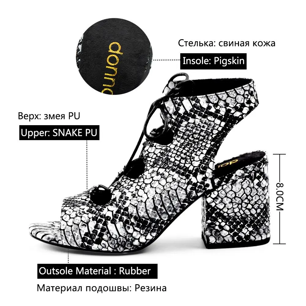 Donnain Genuine Leather Snake Print Block High Heels Sandals Women Summer Shoes Cross-tied Open Toe Fashion Ladies Pumps 2019
