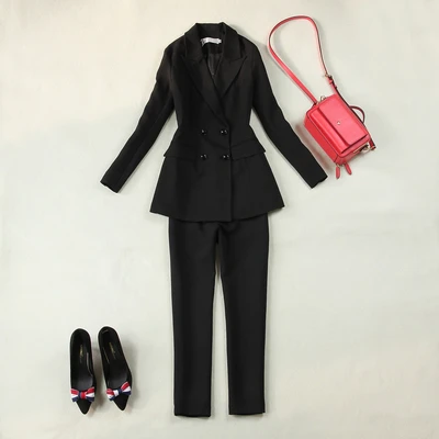 Large size women's spring new black self-cultivation double-breasted long suit +9 points straight trousers suit Two pieces/ set