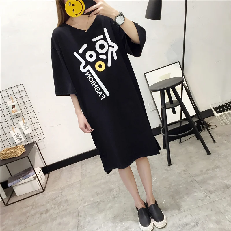 

2019 Summer Loose Women Graphic Print Harajuku Kawaii Cute Cartoon Dresses Female Plus Size T-shirt Knee-Length Korean Clothes