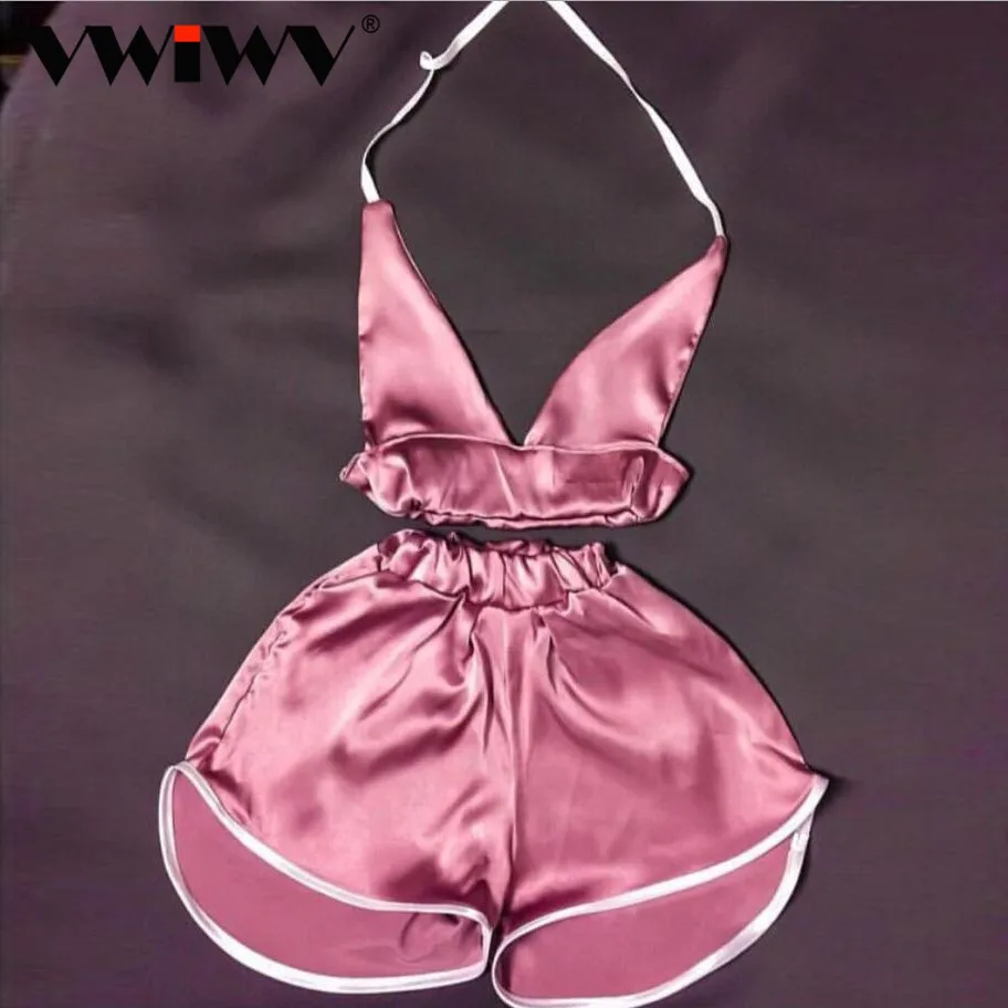 

2018 Summer New Brand Women Sexy Deep V Bra Tops and Boxer Pants Sets Women Night Club party Satin Tracksuits Two Pieces Sets