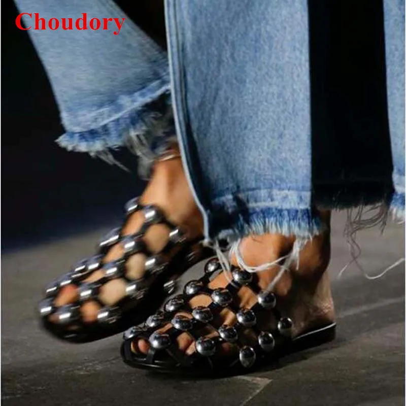 

Amelia Studded Flat Slide Sandals Shoes Women 2017 Runway Luxury Slip On Beading Caged Leather Sandalias Mules Women Chic Shoes