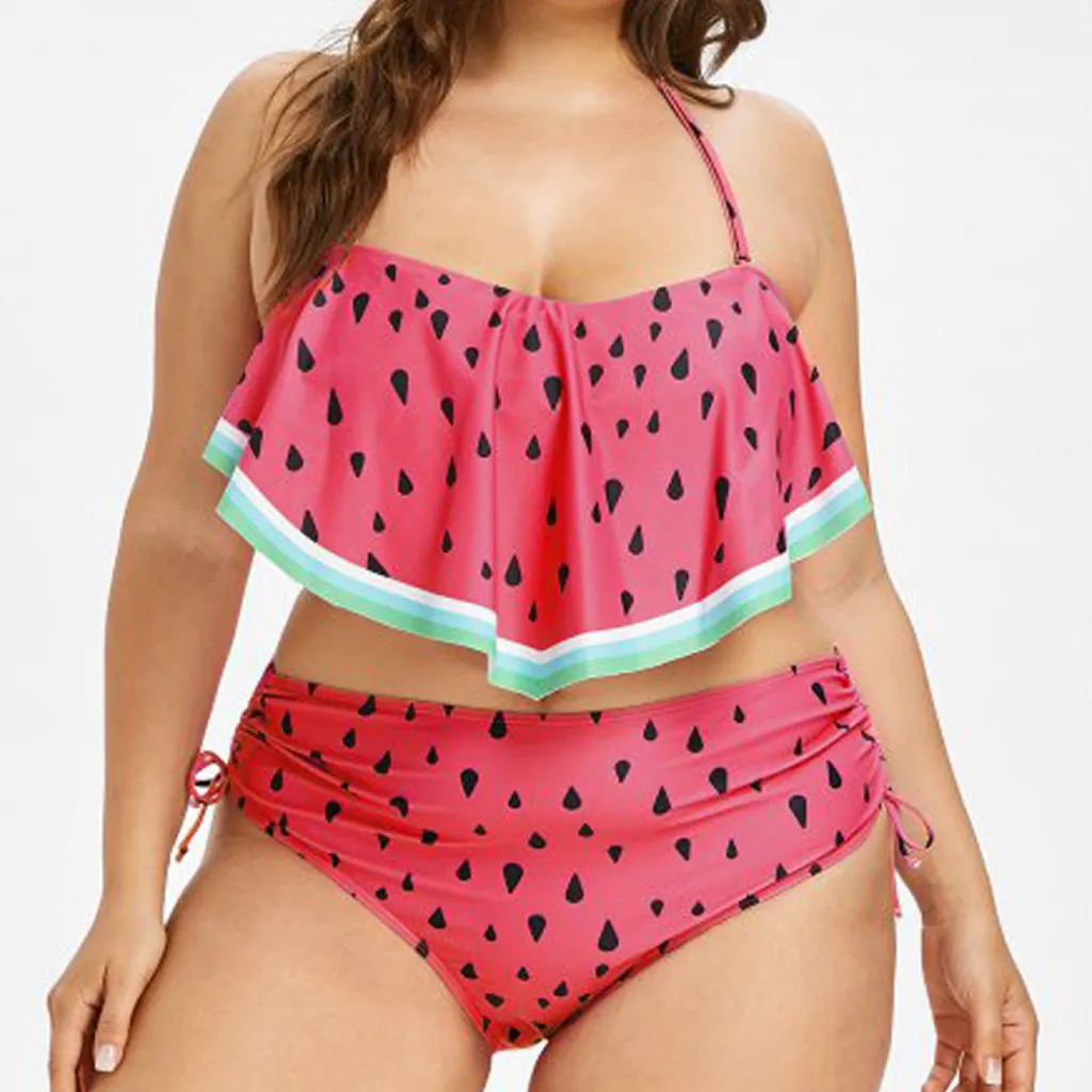 

4XL Bikinis 2019 Women Two Piece Watermelon Printed Halter Ruffled Swimwear Female High Waisted Biquini Triangle Swimsuit