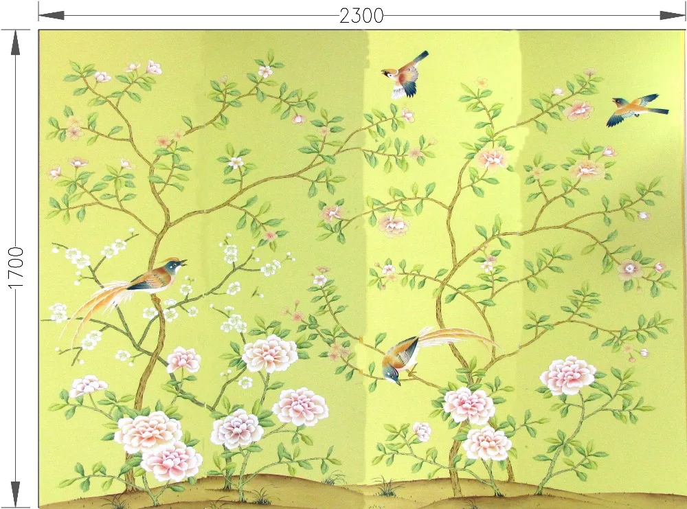 

Classic style elegant Hand-painted silk wallpaper painting flowers with birds wallcovering many patterns and background optional