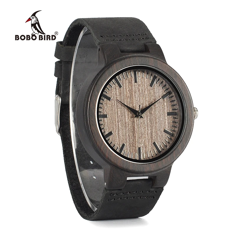 BOBO BIRD Ebony Watch Men Wooden Quartz Watch Leather Straps Wristwatches Men's Great Gift relogio masculino Drop Shipping