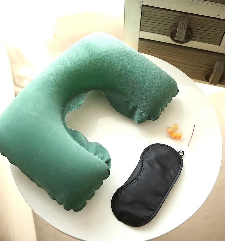 

Inflatable Navy Flannel Surface Air Cushion U Shaped Type Head Rest Neck Guard Travel Car Office Nap Portable Pillow