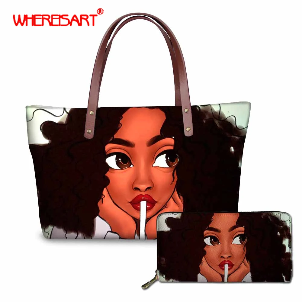 

WHEREISART Handbags Women's Cartoon Black Girls Female Tote African Hand Bags For Women, Purses and Handbag Bolsas Feminina