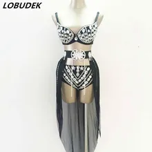 Блестящие стразы, бикини, сексуальные кристаллы, комплект из 3 предметов, для ночного клуба, DJ, певица, наряд для сцены, бар, полюс, танцевальный костюм, Женская Одежда для танцев