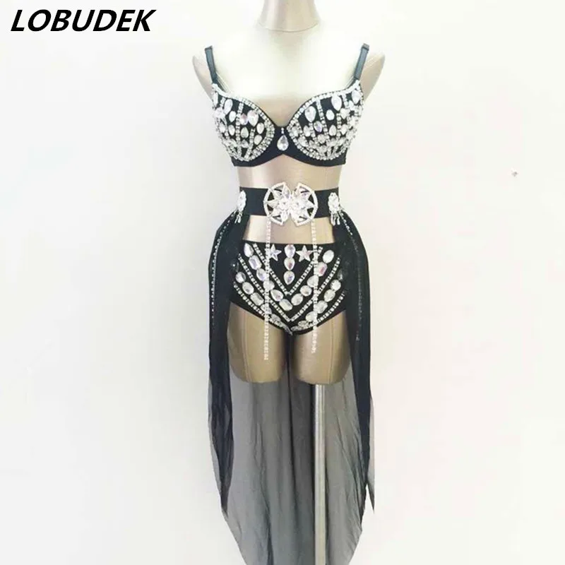 

Sparkly Rhinestones Bikini Sexy Crystals 3 Pieces Set Nightclub DJ Singer Stage Outfit Bar Pole Dance Costume Lady Dance Clothes