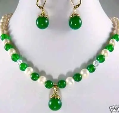 

noblest green jade pearl necklace pendant earrings set AAA style 100% Natural jade Noble new