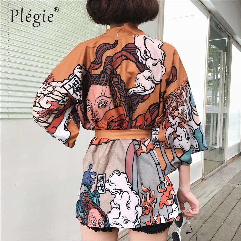 

Plegie Japanese Harajuku Vintage Female Kimono Cardigan Kawaii Oversized Tops Shirts Women Fashion Streetwear Bandage Blouse