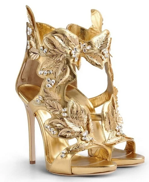 

New Fashion Solid Gold Ankle Wrap Appliques Summer Party Peep Toe Super High Thin Heels Sandals Zip Women Free Ship