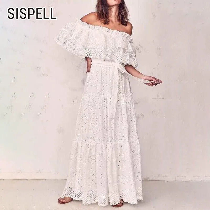 

SISPELL Summer Hollow Out Women's Dress Off Shoulder Backless Slash Neck Slim Solid Floor-Length Female Dresses Fashion New 2019