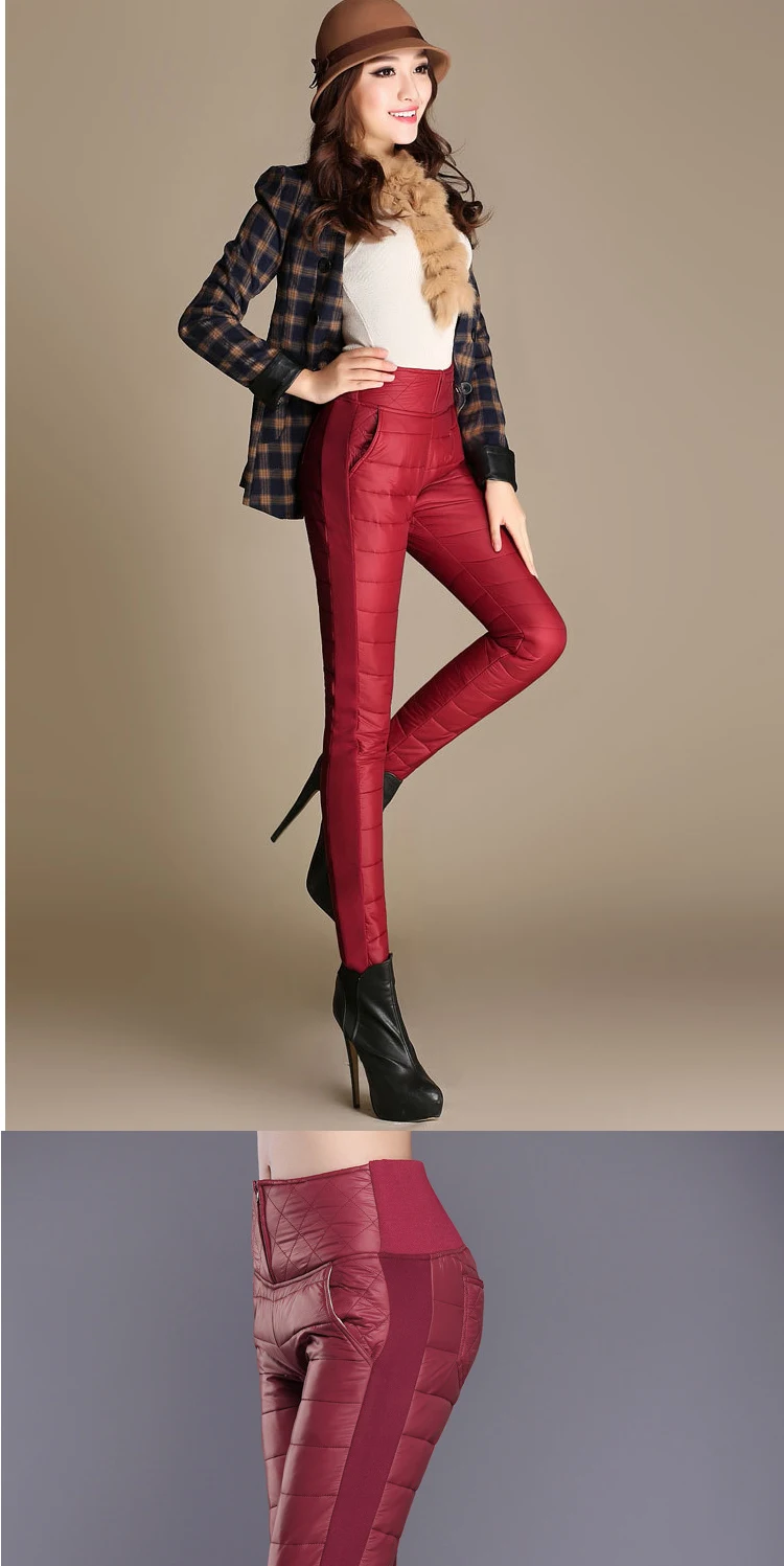 Зимняя женская мода с высокой талией, повседневная облегающая верхняя одежда, теплые брюки-карандаш, плотные пуховые брюки, узкие женские штаны, брюки