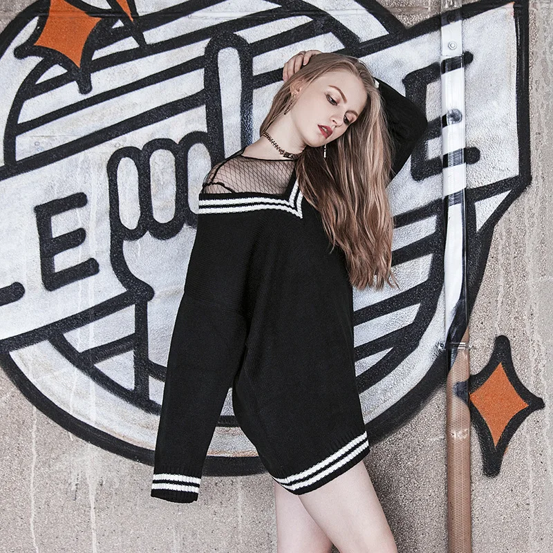 Wind Long-style Sweater Buttocks Collision Color V-collar Long-sleeved Sweater Knitted Tide 2019 Black Pullovers Sweater