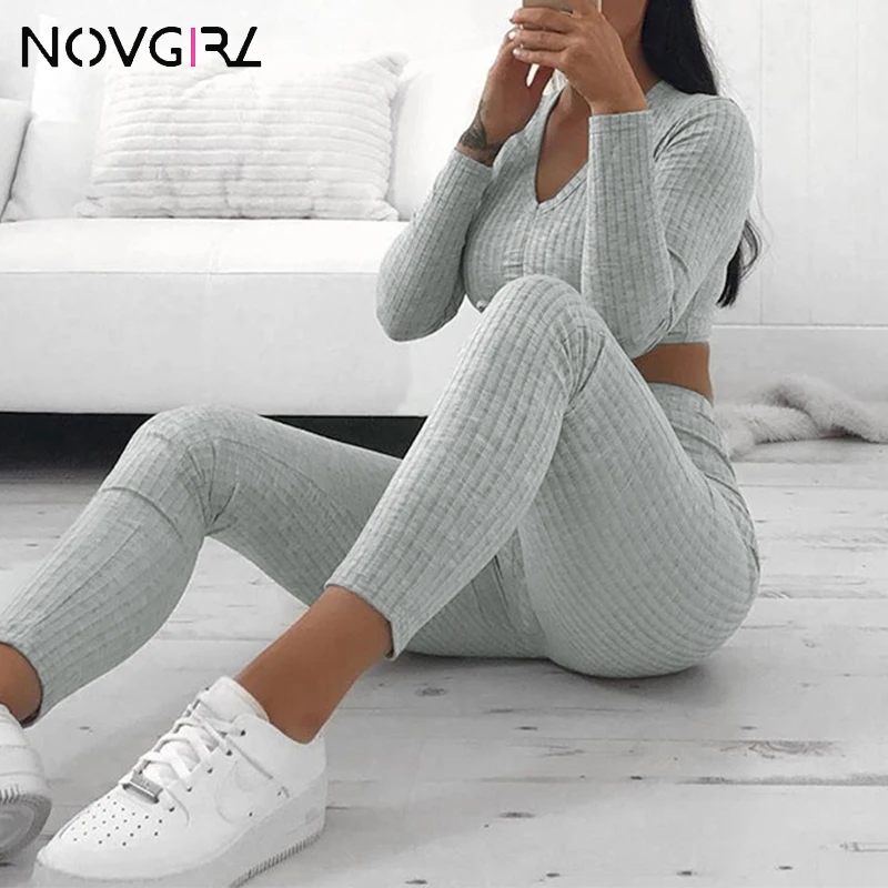 

Novgirl Ribbed Knitted Sexy Two Piece Set Drawstring V Neck Crop Tops And Skinny Leggings 2 Piece Elastic Outfit Tracksuit