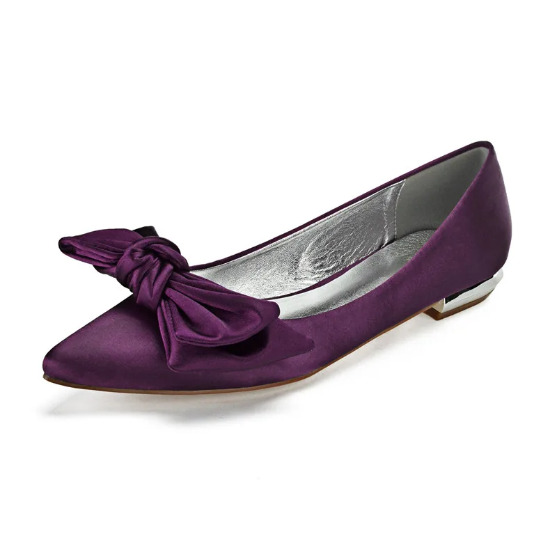 OnnPnnQ/Удобная атласная Женская обувь на плоской подошве с бантом, с острым носком, без застежки, для выпускного вечера, вечерние свадебные туфли на плоской подошве - Цвет: Grape