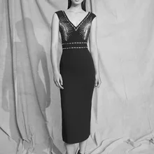 Новое высококачественное женское платье оптом черное с v-образным вырезом Длинное Макси Бандажное платье с бусинами вечернее платье+ костюм