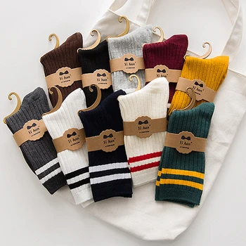 

Autumn And Winter New Two Bars Cotton Ladies Pile Pile Socks Harajuku Sports School Wind Double Needle In The Tube Socks