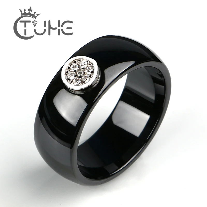 8mm Black Ceramic Women's Ring Fashion CZ Rhinestone Ceramic Rings Men