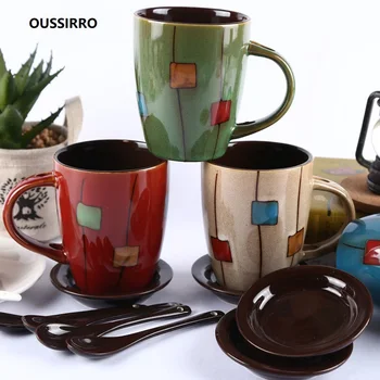 

OUSSIRRO Bright Color Ceramics Coffee Mug With Spoon Large Capacity 420ml Mugs creative Drinkware Milk Tea Cups Christmas Gifts