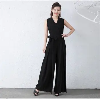 

2019 Summer Women V Neck Sleeveless Solid Jumpsuit Female Sashes Draped Slim Playsuits Lady Elegant Wide Leg Loose Rompers Z252