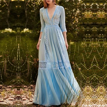 

Vintage 2019 Autumn Women Blue Long Dress Elegant Lace Hollow Out Maxi Dress Sexy Deep V Neck Slim Waist Party Vacation Vestidos