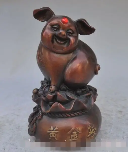

S01698 6" chinese fengshui bronze wealth money coin ingot animal pig Auspicious statue (A0321)