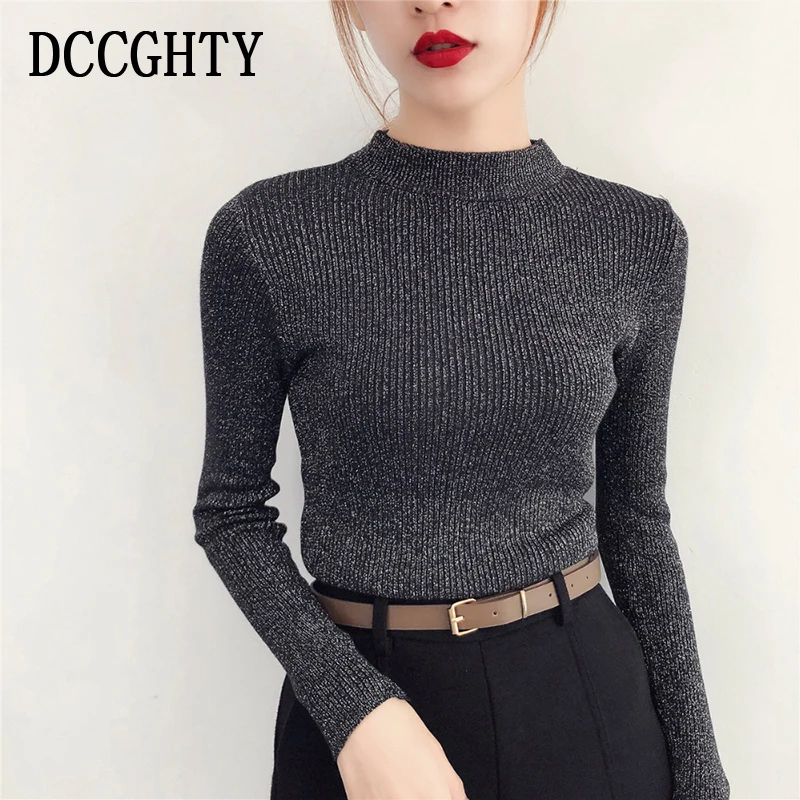 

DCCGHTY Knitted Sweaters Women Long Sleeve High Elastic Tops Female Pullover Autumn 2018 Bright Silk Sweater Top Black Jumper