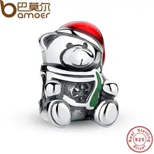 Bamoer 925 de plata esterlina de navidad oso de peluche rojo y verde esmalte del grano del encanto cupieron la pulsera original joyería pas254